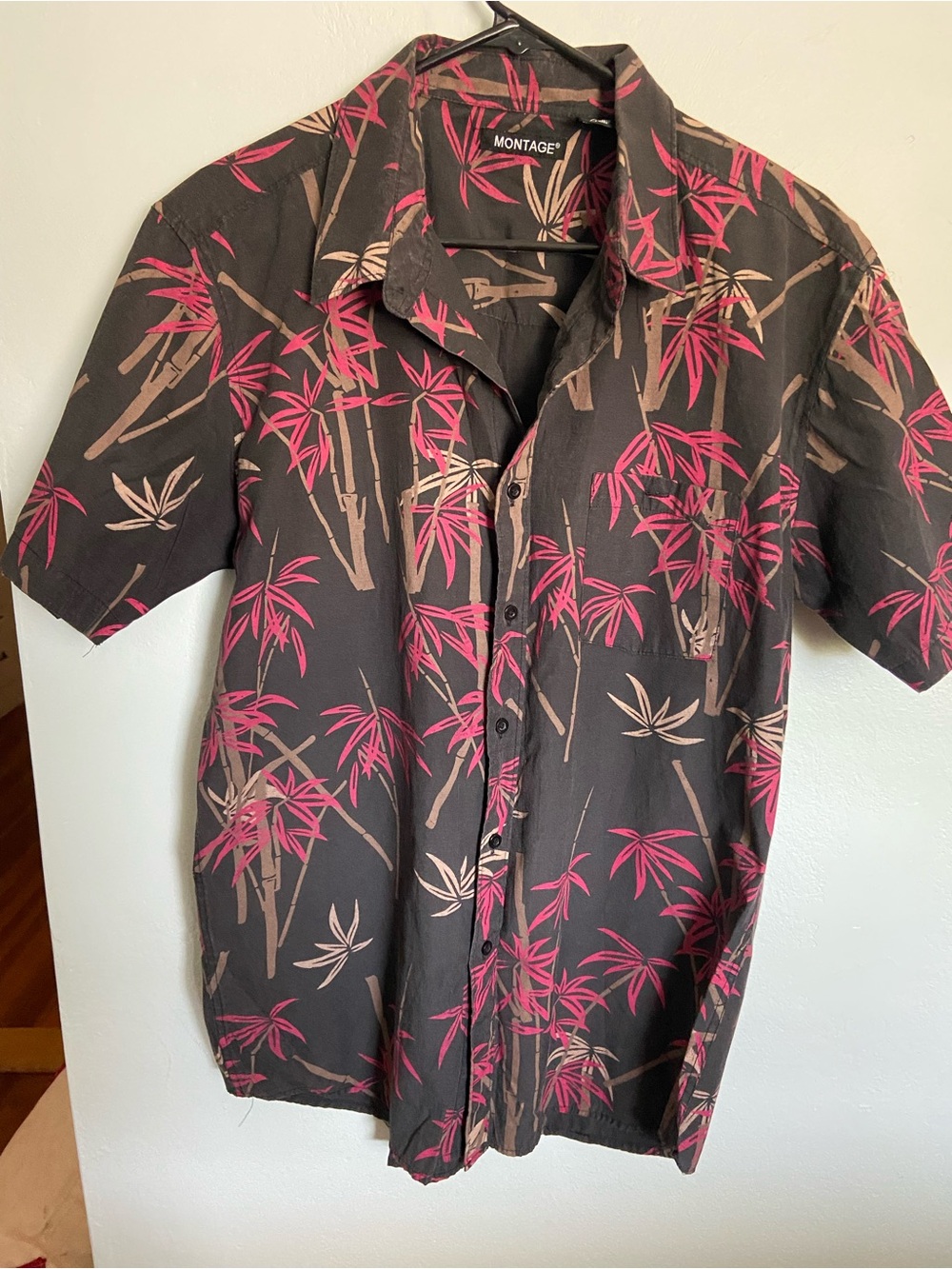 Montage by Mon Cheri Black Short-Sleeve Button-Down with Pink & Tan Bamboo Print